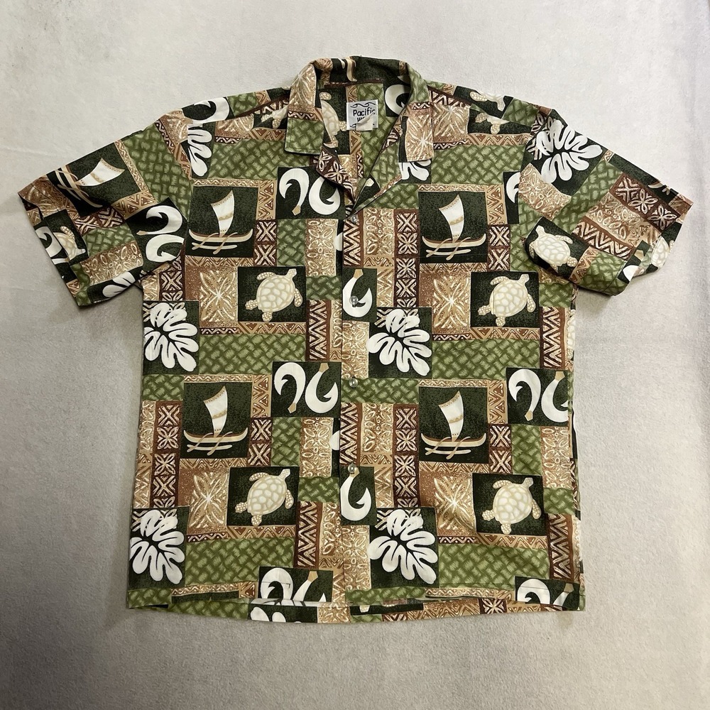 Vintage 80s Polynesian Boat Sea Turtles Maui Hawaiian Shirt Men's XL Rayon Blend